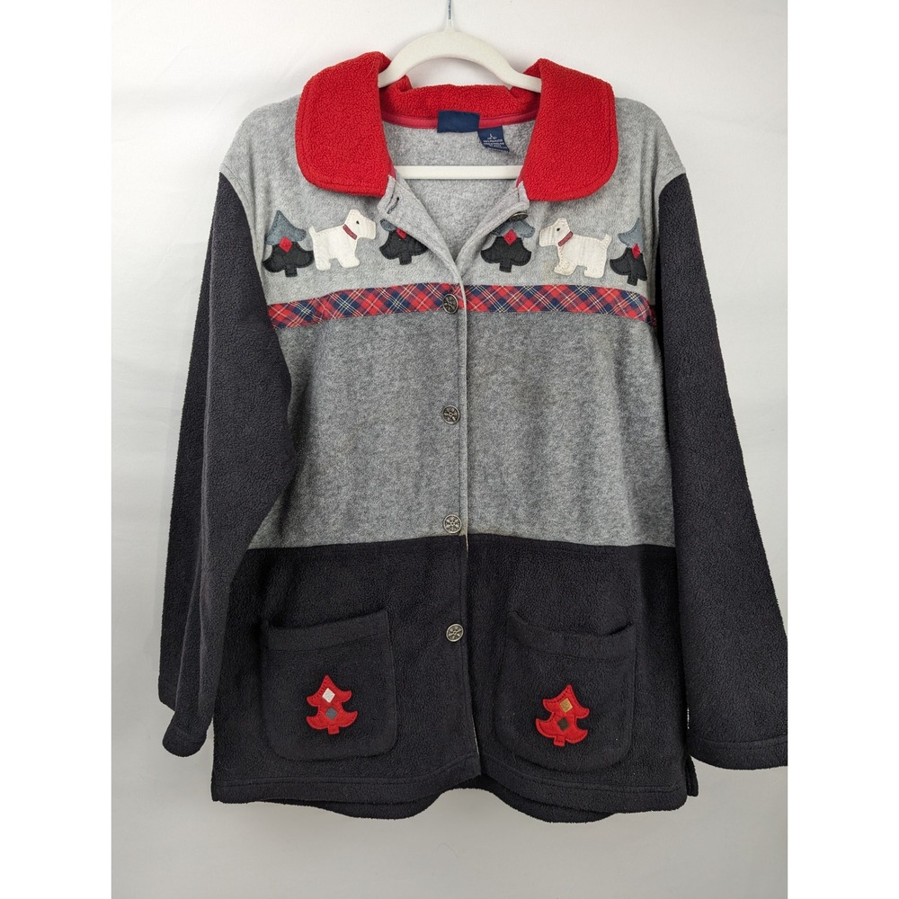 Vintage Y2K Scottie Dog Fleece Cardigan Sz L Gray Ugly Christmas Cottage Novelty